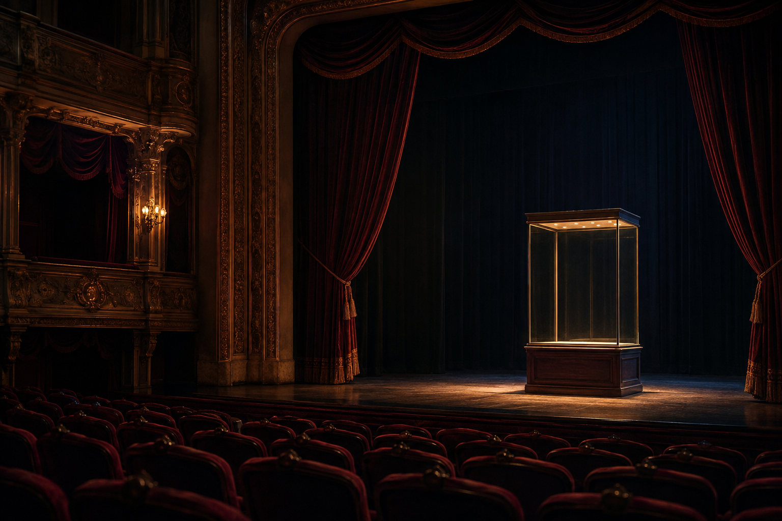 Un teatro vacío y una vitrina iluminada. Imagen de ambientación; el robo ocurrió en el taller.